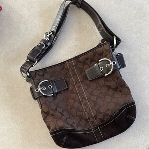Coach Brown Shoulder Bag with Textured Fabric and Slouchy Shape